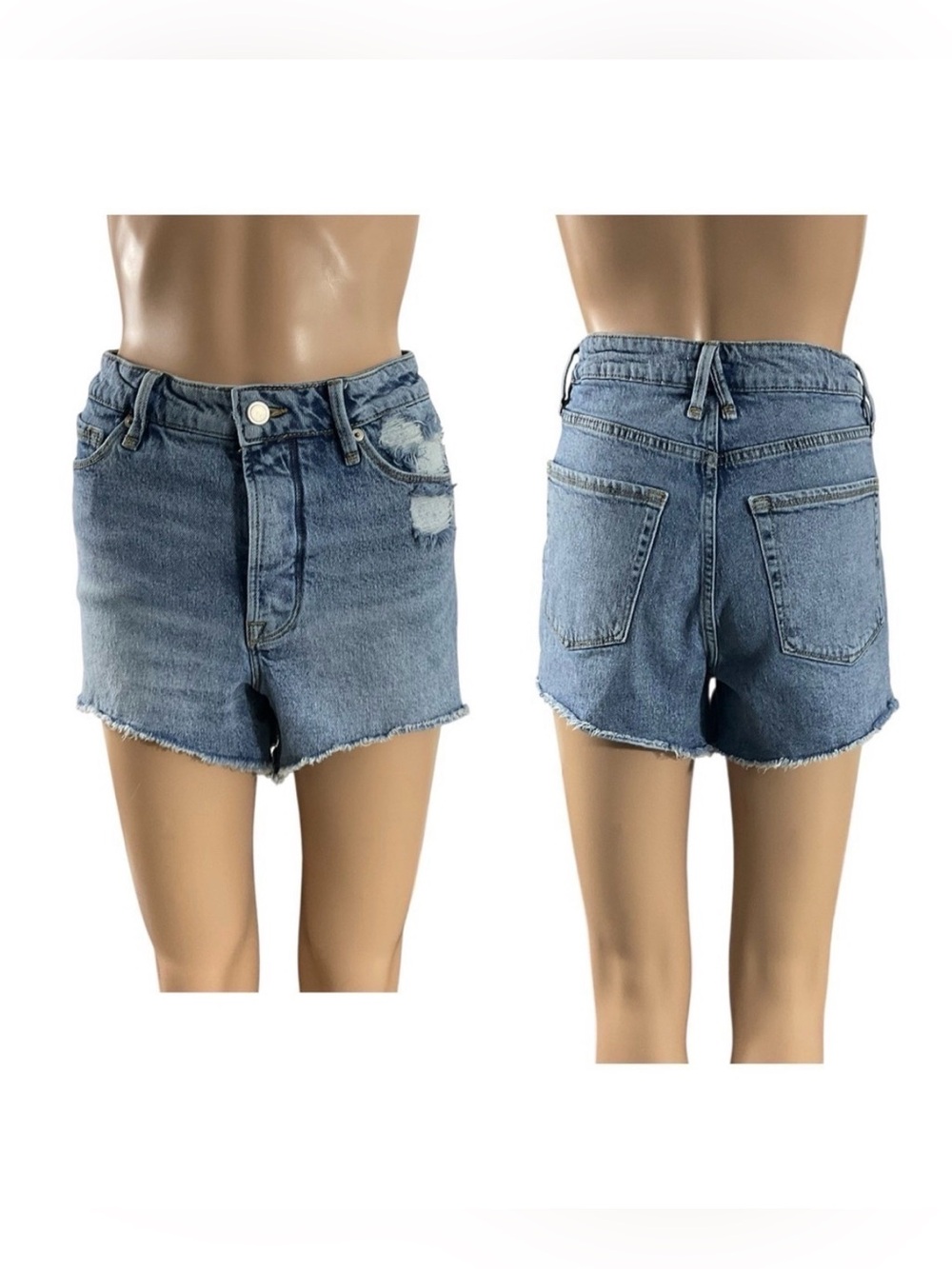 Good American Distressed High Rise Denim Shorts Size 6/28 Raw Hem Button Fly